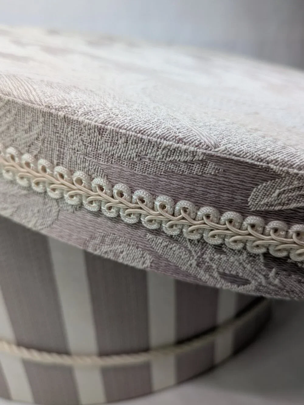 Vintage Striped Brocade Round Hat Box Taupe Cream Fabric Storage Case Unisex